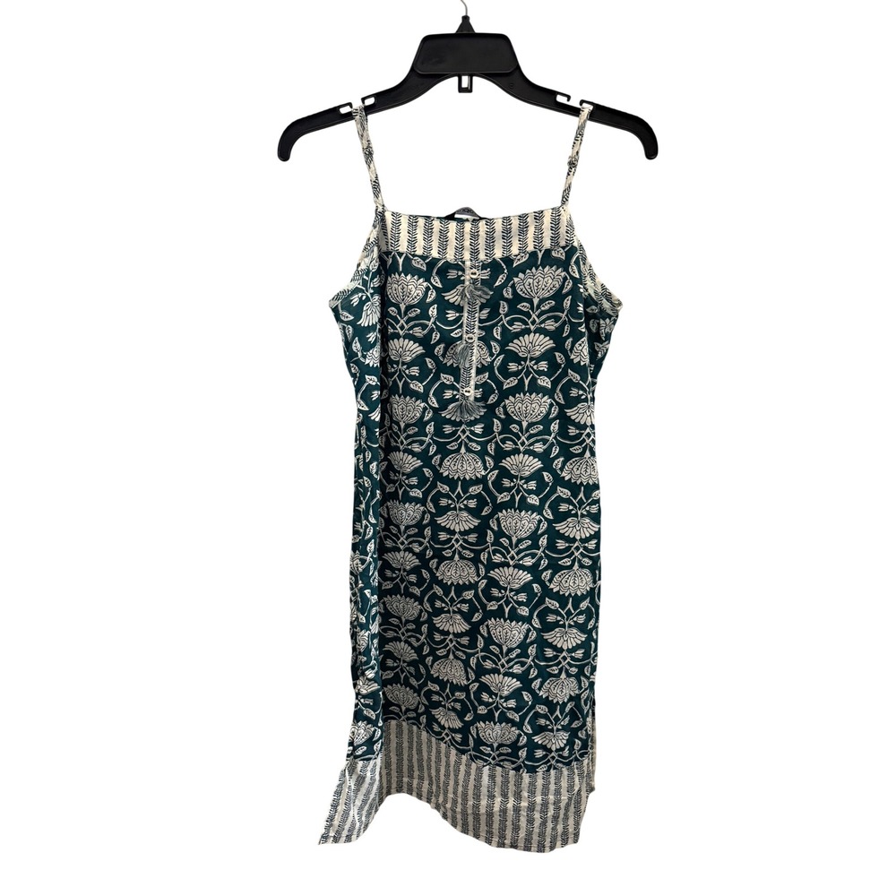 Zudio Womens Teal Floral Cotton Tassel Mini Dress Sm Boho Block Print Sleeveless